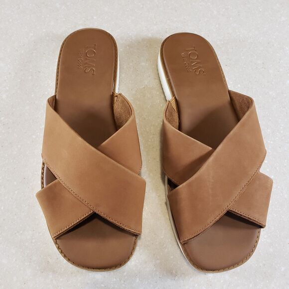 TOMS Mae Crossover Leather Slide Sandals Brown Sugar Women’s US 8.5 - Picture 2 of 7